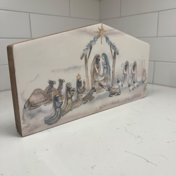 Nativity Scene Christmas Decor Wooden Religious Manger Decorative Art Block - Picture 2 of 7